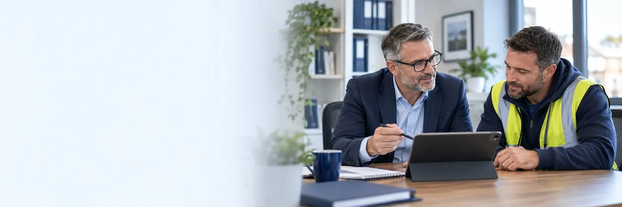 An accountant and a tradesperson in hi-vis reviewing figures together at a desk