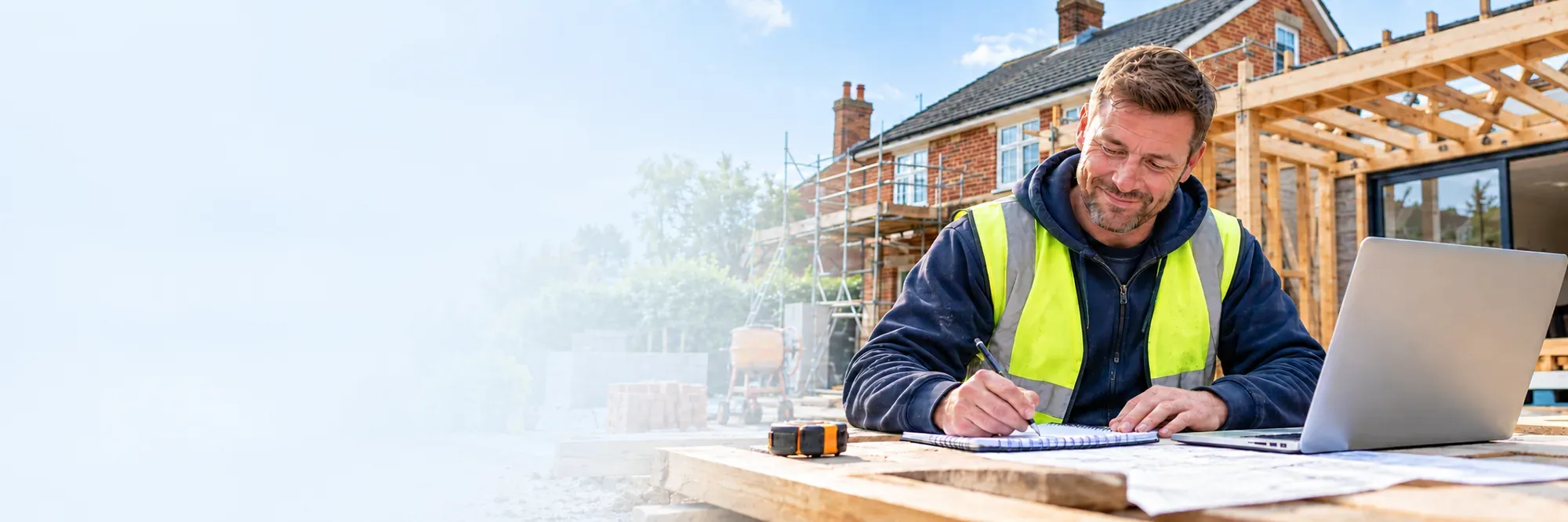 A builder working through paperwork on a laptop at a building site
