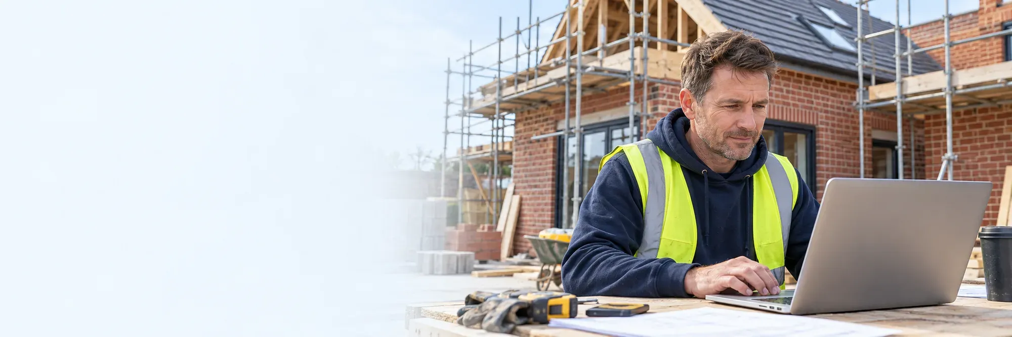 A builder reviewing records on a laptop on site