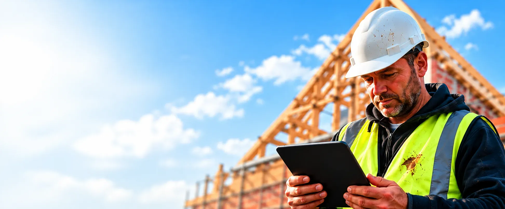 A builder in a hard hat and hi-vis checking his books on a tablet on site